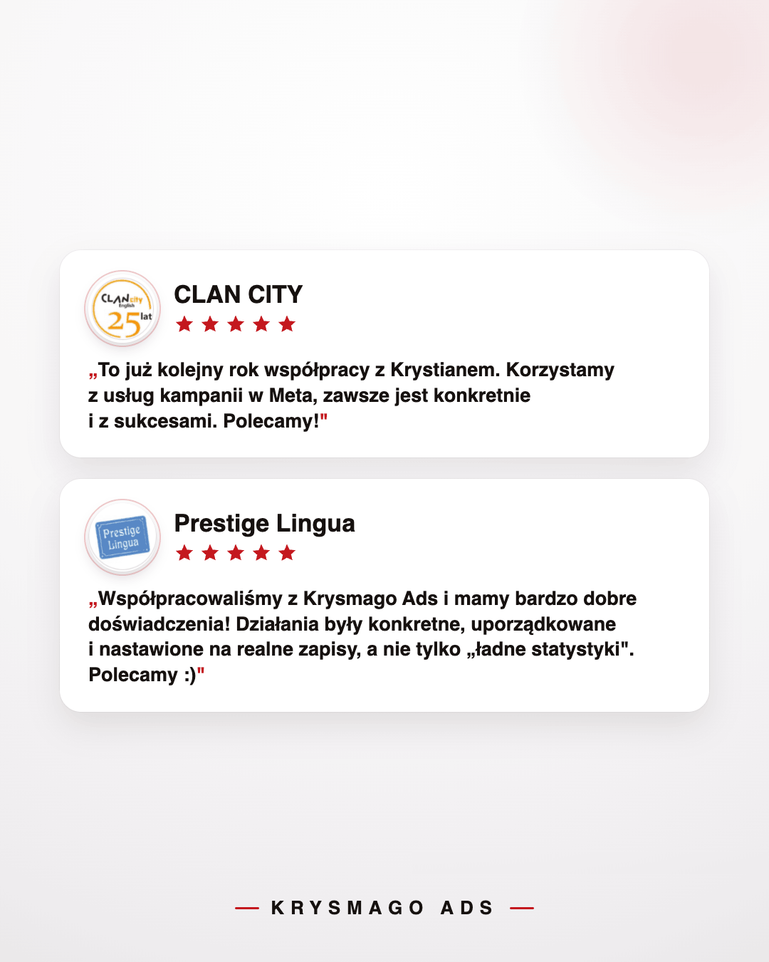 Opinie szkół językowych Clan City i Prestige Lingua o Krysmago&nbsp;Ads