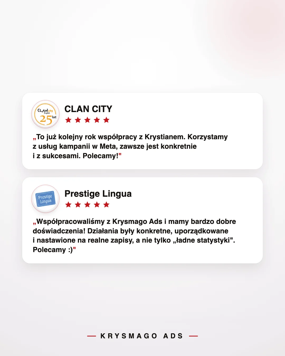 Opinie szkół językowych Clan City i Prestige Lingua o Krysmago Ads