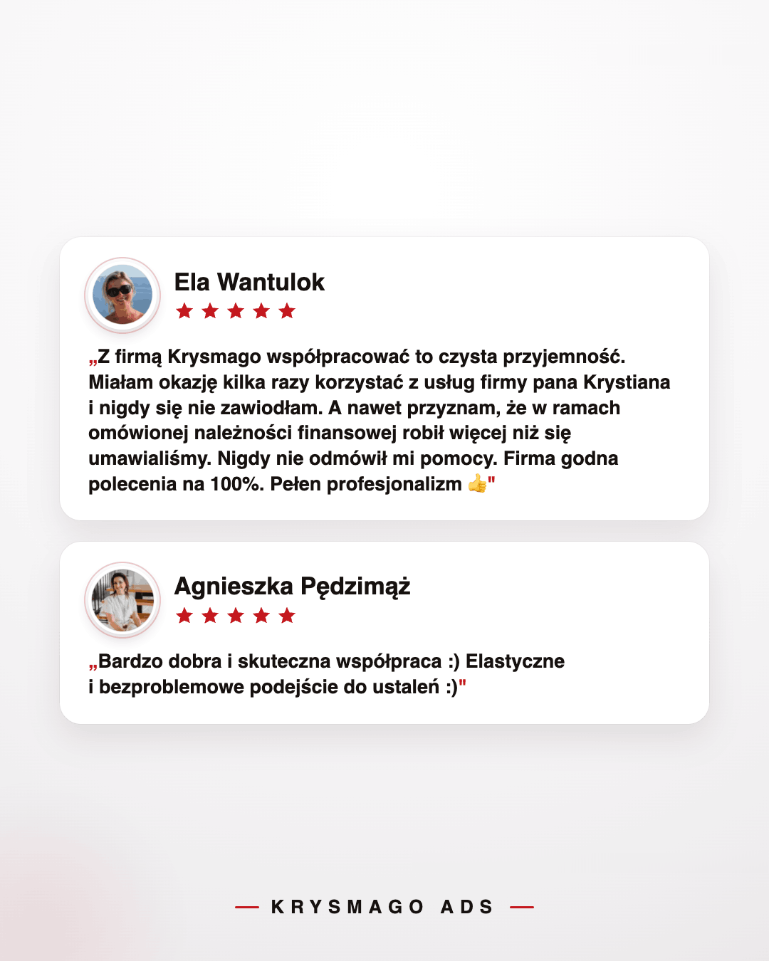 Opinie klientów Eli Wantulok i Agnieszki Pędzimąż o Krysmago&nbsp;Ads